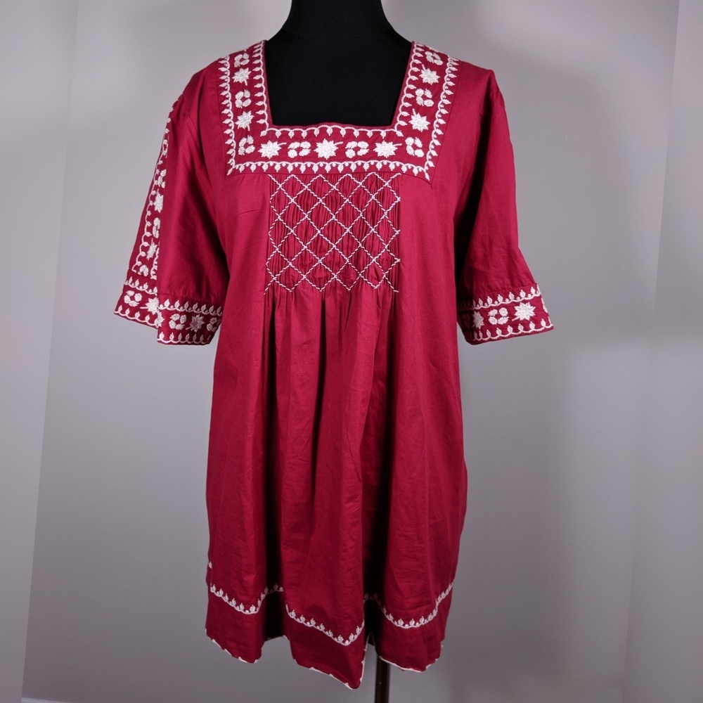 Ulla Popken Embroidered Boho Tunic Red Shirt 16/18